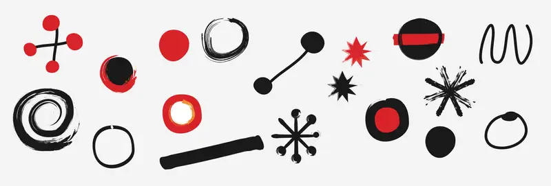High-contrast images of abstract shapes in black, red, and white designed to stimulate infant vision