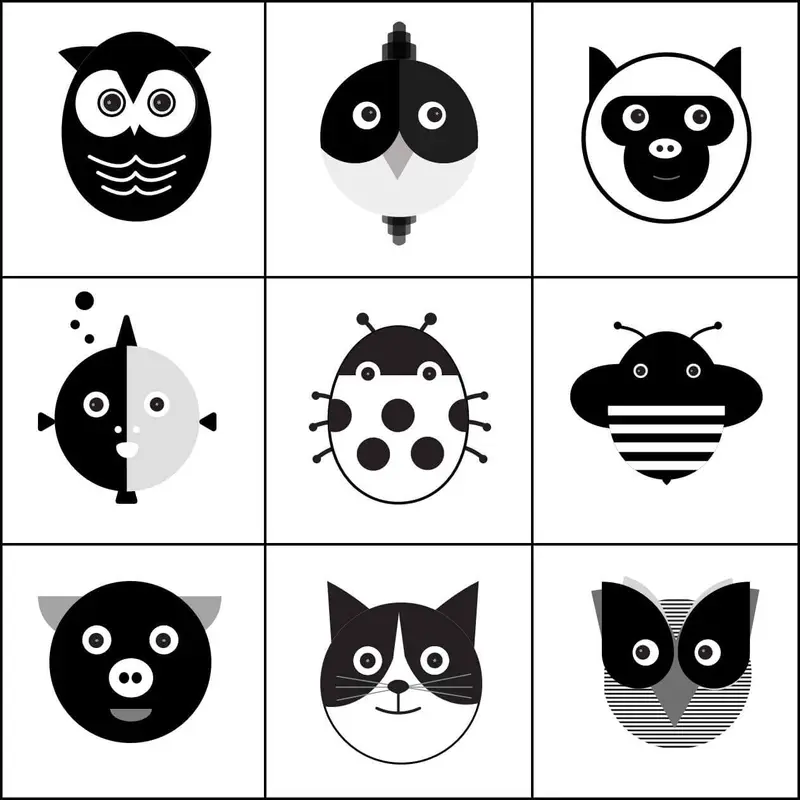 High-contrast black and white animal flashcards for newborn visual stimulation, including owl, bird, pig, ladybug, bee, cat, and fish designs.