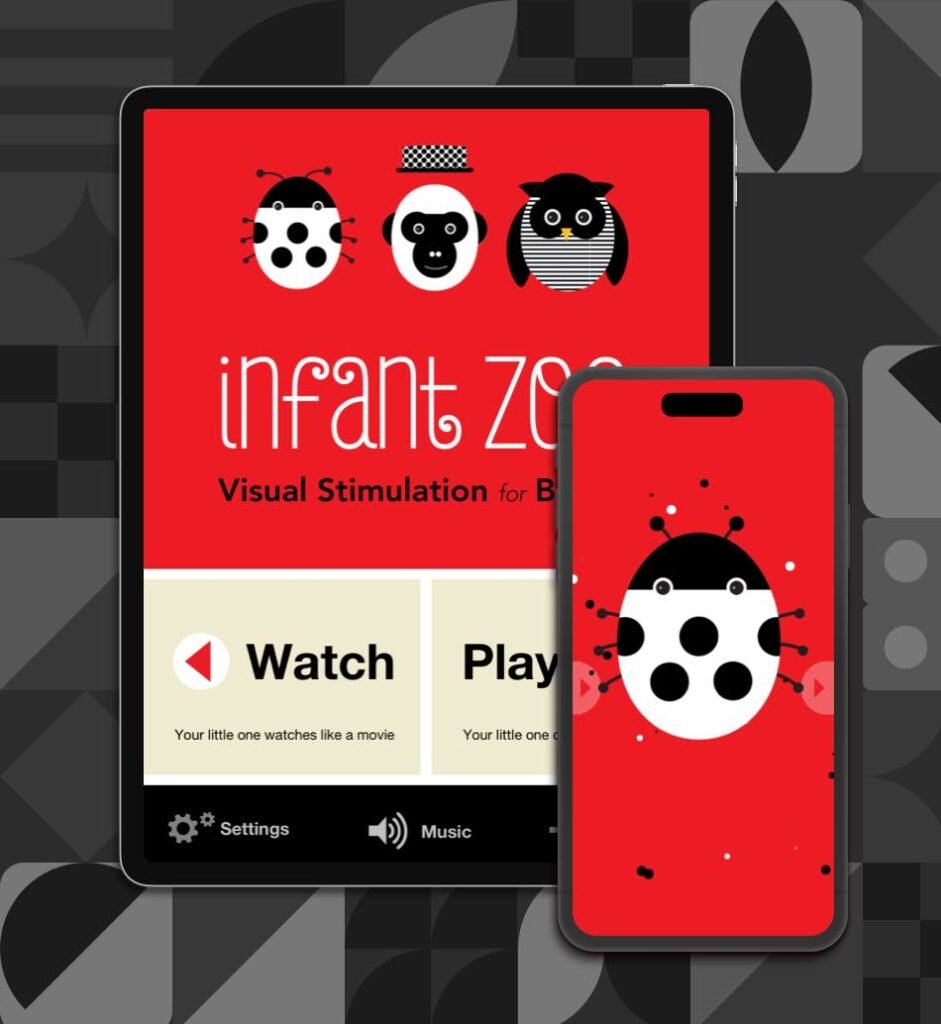 Tablet and smartphone displaying the Infant Zoo app for baby visual stimulation with red background and high-contrast animal illustrations.