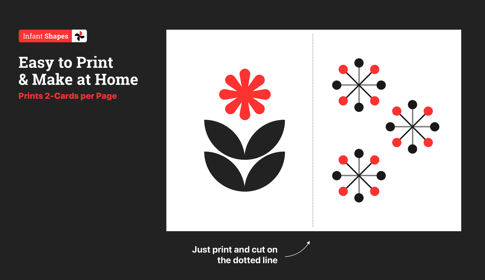 Instructional graphic showing printable baby flashcards with dotted cutting line