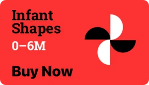 Buy Now button for Infant Shapes flashcards for babies aged 0–6 months, featuring black-and-white pinwheel design on a red background.