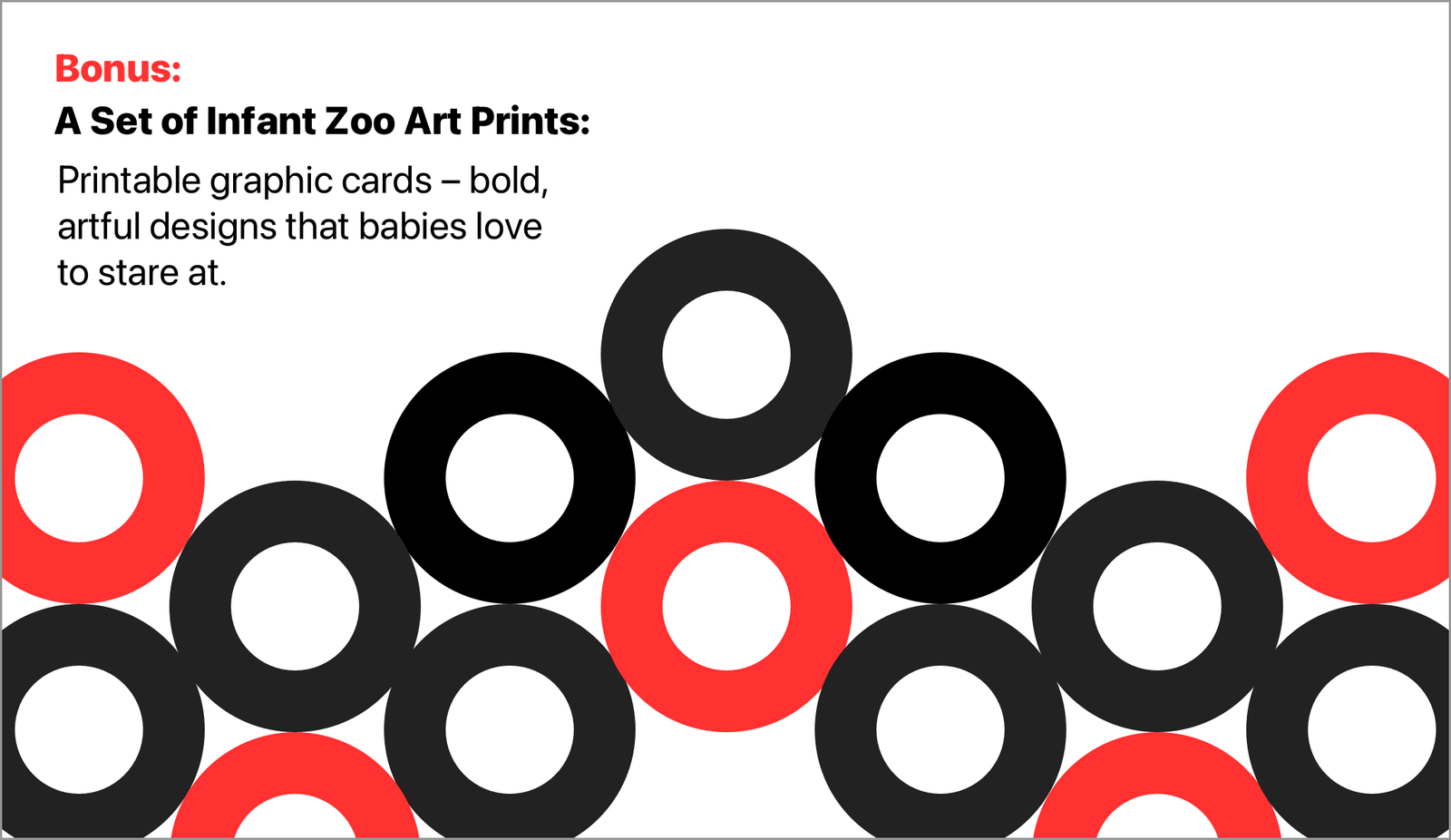 High-contrast circular baby art print in red, black, and white with bold graphic design