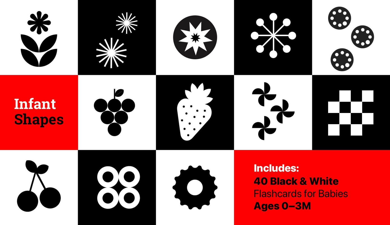 Grid of bold black and white flashcards with shapes and fruits for babies 0 to 3 months