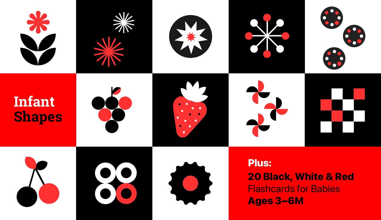 High-contrast red, black, and white flashcards for babies aged 3 to 6 months