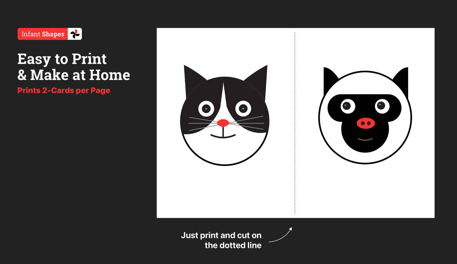 Printable baby flashcards with black and white animal faces shown two per page