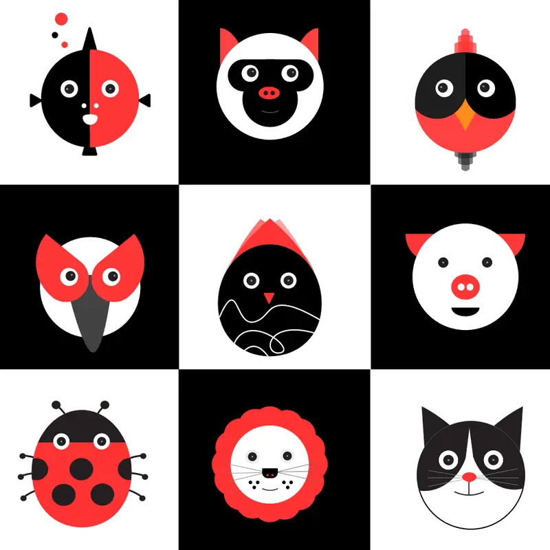 Grid of black, white, and red animal faces for infant visual stimulation flashcards